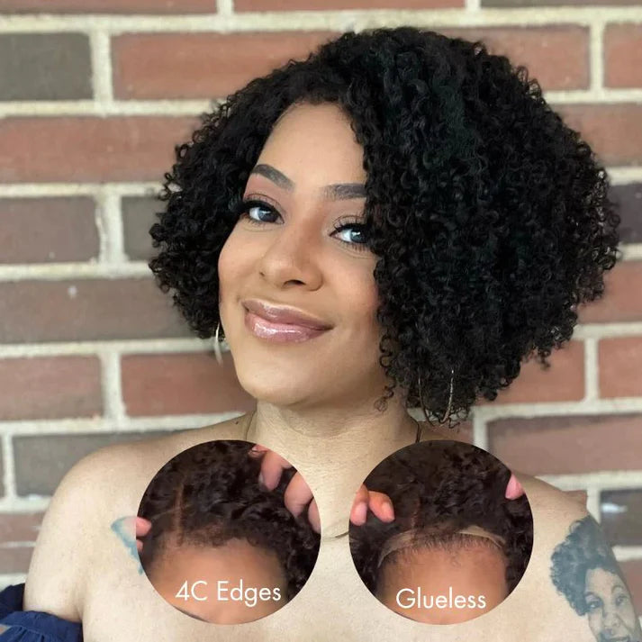 12 Inch 5x5 4C Edges | Kink Edges Jerry Curl Glueless Short Lace Closure Wig